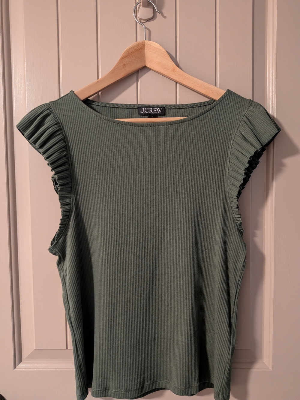 J.Crew Olive Green Ribbed Ruffle-Sleeve Tank